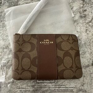 Coach F58035 Signature PVC Leather Corner Zip Wristlet - Beige